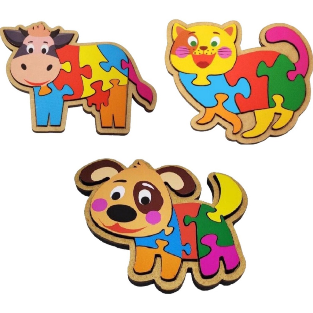 Quebra Cabeças Infantil, Animais  em MDF - Kit 3 Unidades