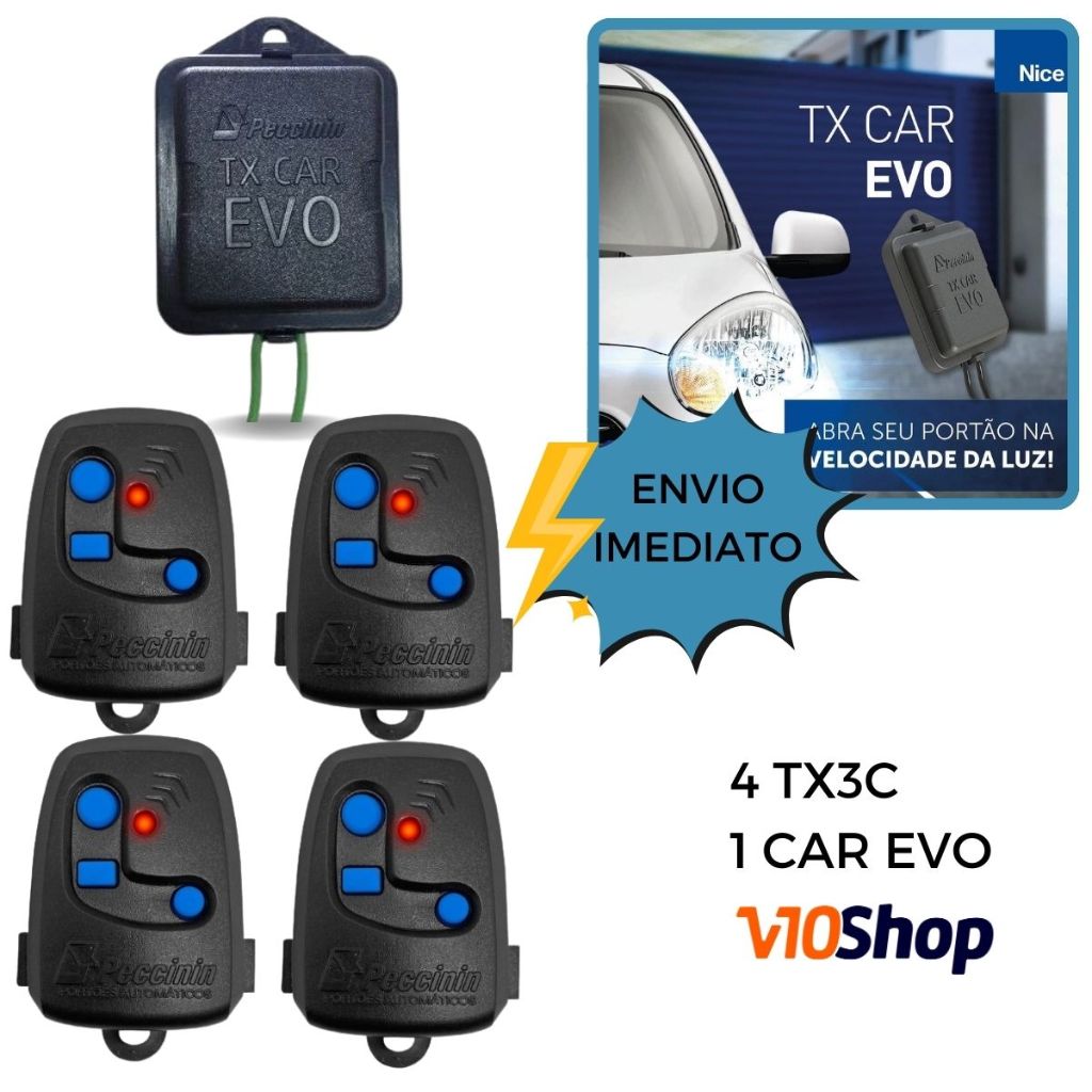 Kit 4 Controle Remoto Tx 3c Portão Nice Peccinin + 1 Tx Car Evo Abertura Portão com Farois Carro