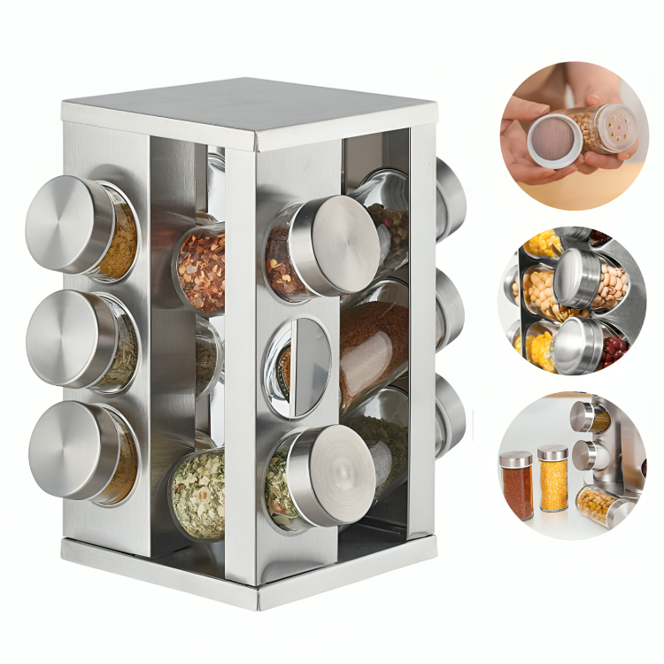 Porta Tempero Giratório Inox 12 Potes Com Suporte Giratorio Organizador de Temperos 360 Giratório Inox