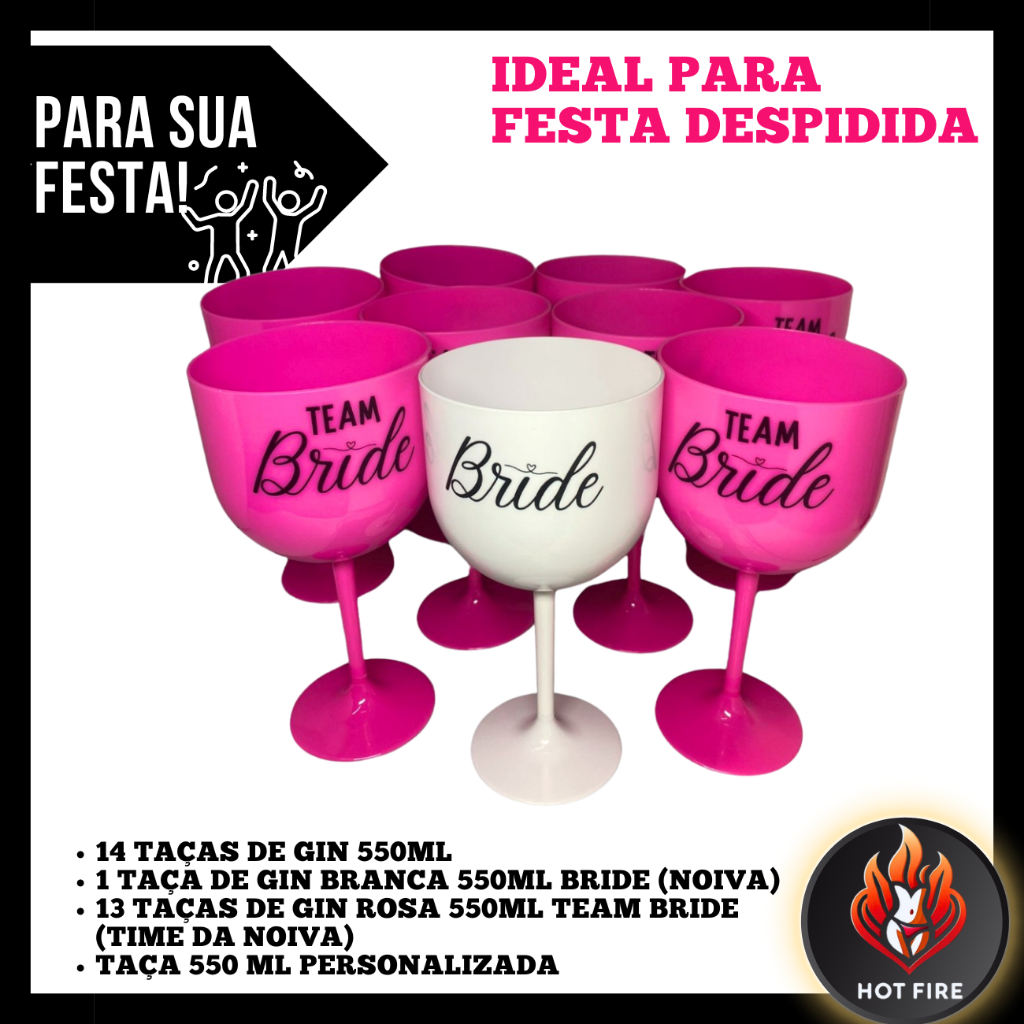 14 Taças De Gin 550ml Despedida De Solteira 1 Noiva + 13 Time da Noiva Bride Team Kit Completo Chá de Lingerie