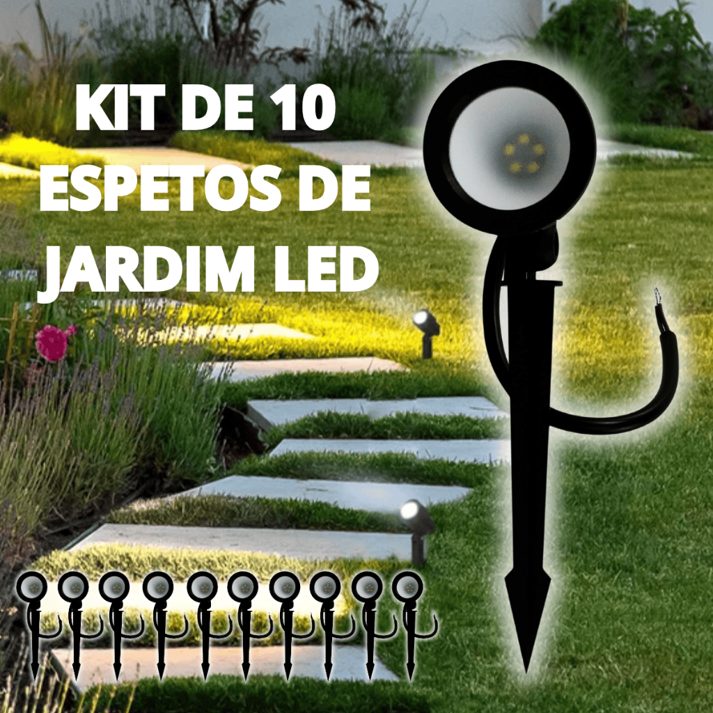 Kit 10 Luminárias Espeto de Jardim LED 3W/ 5W/ 7W Branco Frio 6500K Luminária Externa Modelo Novo Spyke Garden Sítio Qui