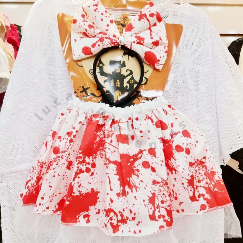 Conjunto fantasia infantil minnie Saia +Tiara Laço Sangue tamanho unico Ensanguentado com Tema de Horror de Halloween, Acessório de Fantasia para Festa