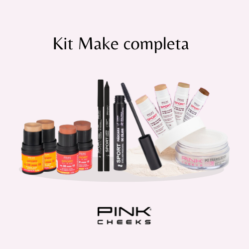 KIT MAKE ESSENCIAL PINK CHEEKS - Corretivo, Pó Translúcido, Blush 3 em 1, Iluminador, Lápis de olho e Máscara de cílios - Beauty