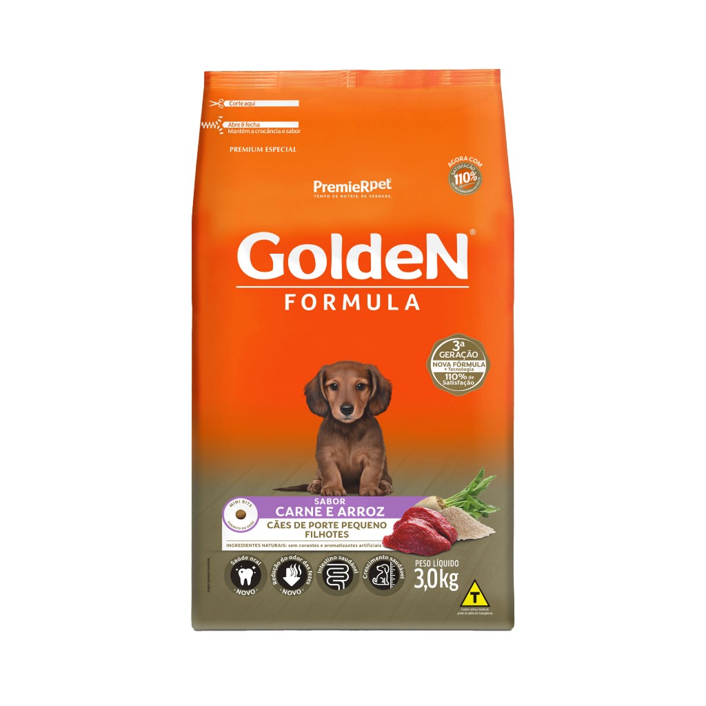 Ração Golden Fórmula Mini Bits Cães Filhotes Sabor Carne e Arroz 3Kg - Pets