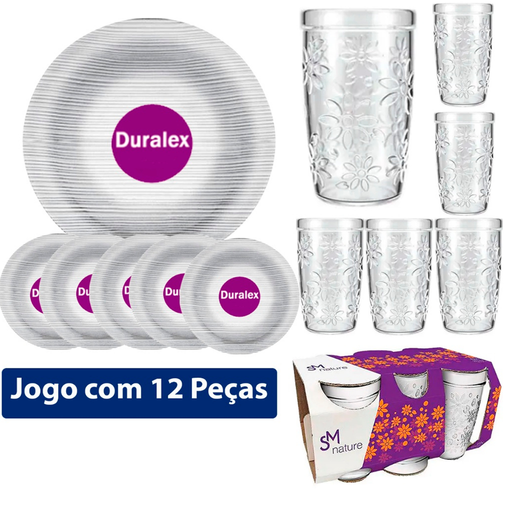 Kit Jogo 12 Pçs Duralex 6 Pratos Diamante Fundo + 6 Jogo de Copos Nature Louça para refeições em Oferta na Shopee
