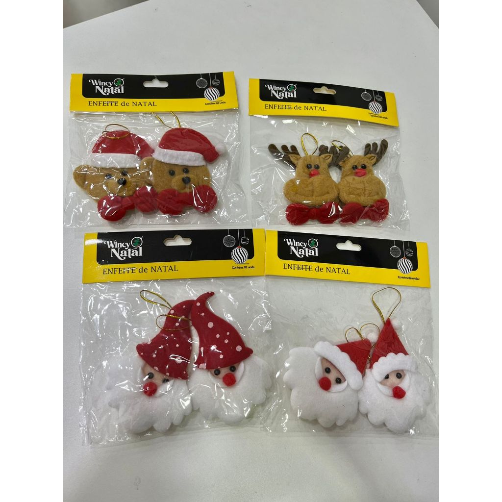 Kit Com 2 Enfeite Pendente de Feltro Luxo 6,5cm Pelúcia Papai Noel e Urso Pingente para Árvore de Natal Decoração