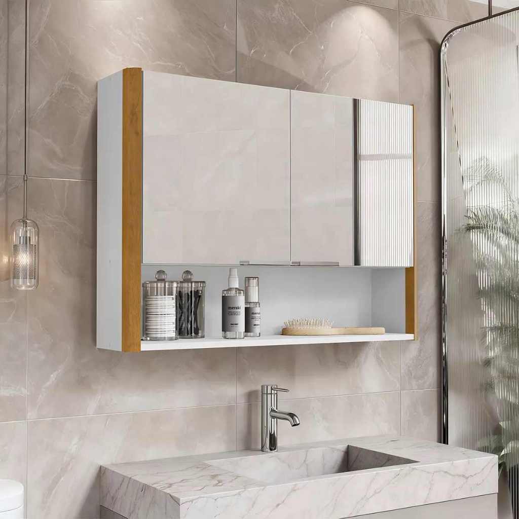 Armário De Banheiro Aéreo 2 Portas Puxador De Almunínio - Espelheira Com Nicho Santorini