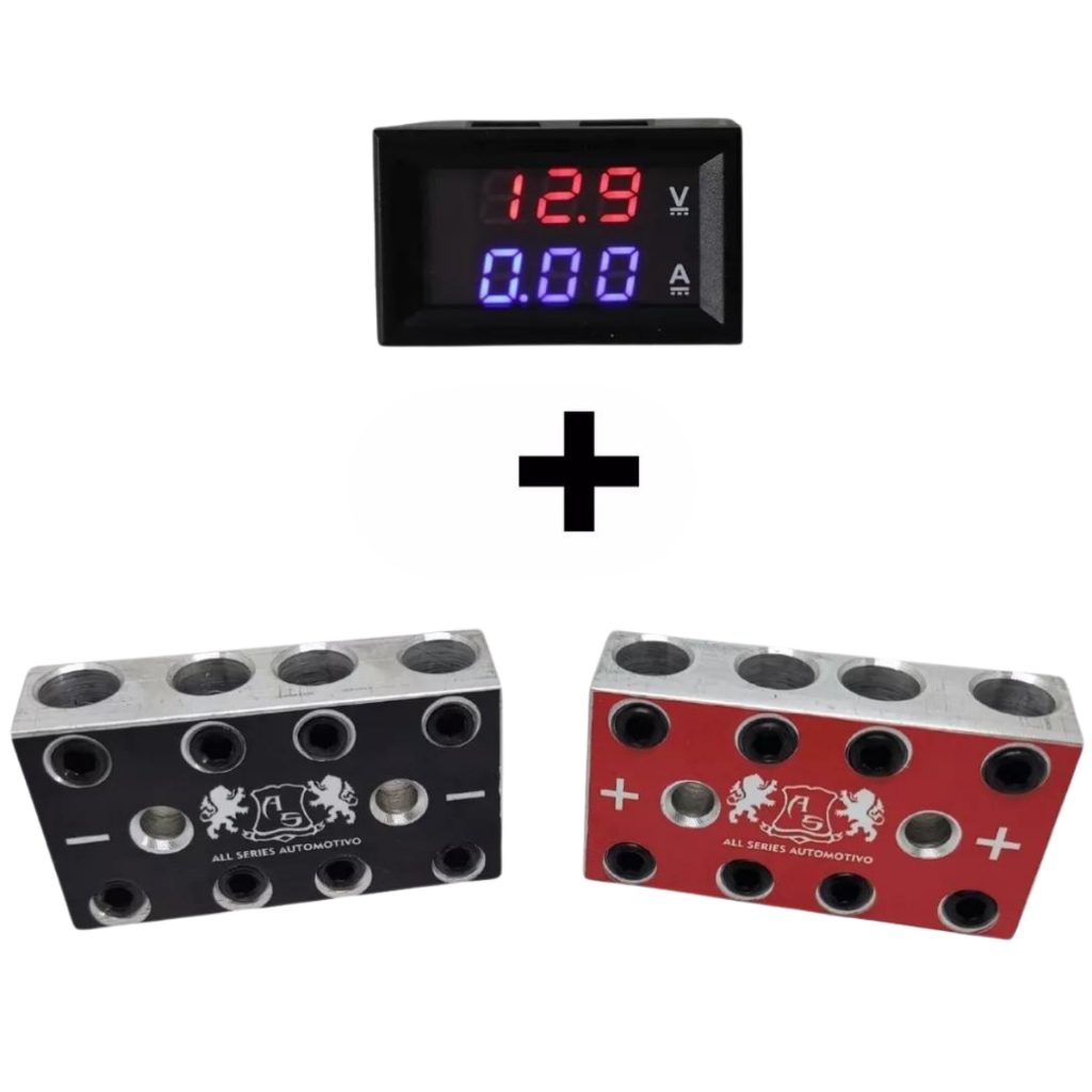 Bloco Distribuidor 4x4 8 Vias + Mini Voltímetro Digital 12v