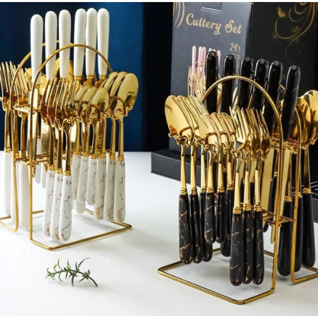 Kit 24 peças Talheres Colher Garfo Faca Luxo Linha Ouro (Sem Suporte)