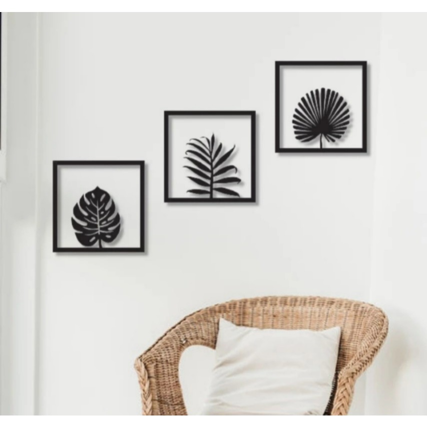 Kit 3 Quadros Decorativo Folhas Flor Para Sala Quarto Hall Parede Boho Minimalista Aplique Parede Mdf Decoração chic Frases Cozinha Banheiro Lavabo