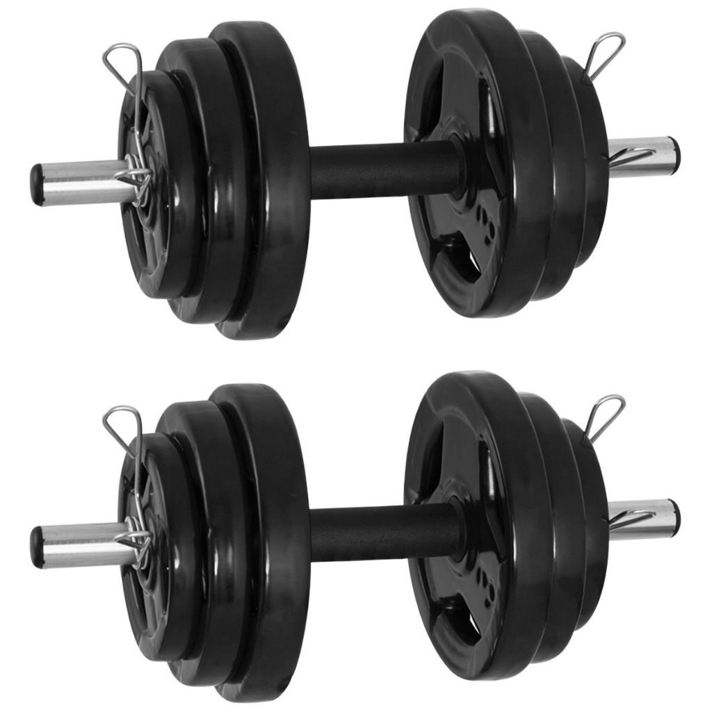 Kit Musculação - 24kg Anilhas Emborrachadas + Par Halteres Academia Barra 40cm Pegada Emborrachada