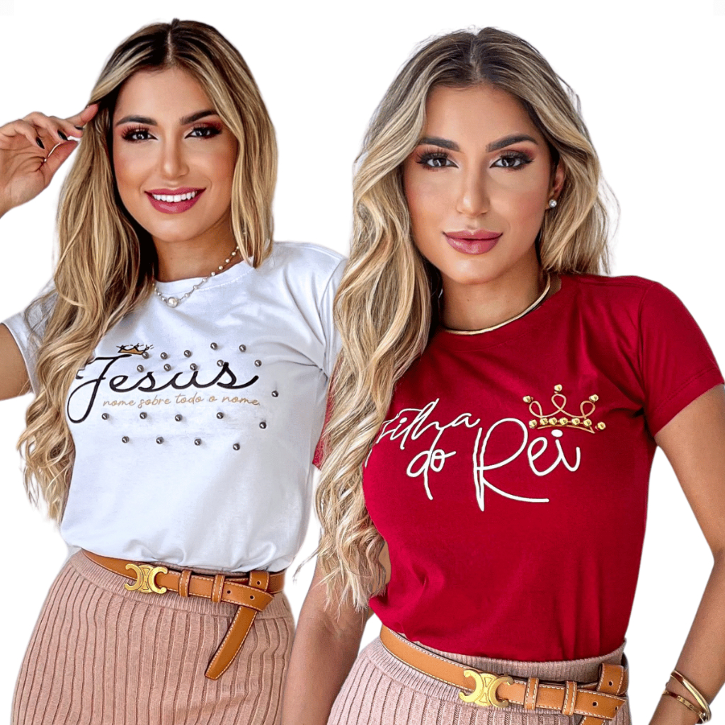 Kit 2 blusas tshirt Jesus pérolas + Filha do Rei feminina moda evangélica 100% algodão