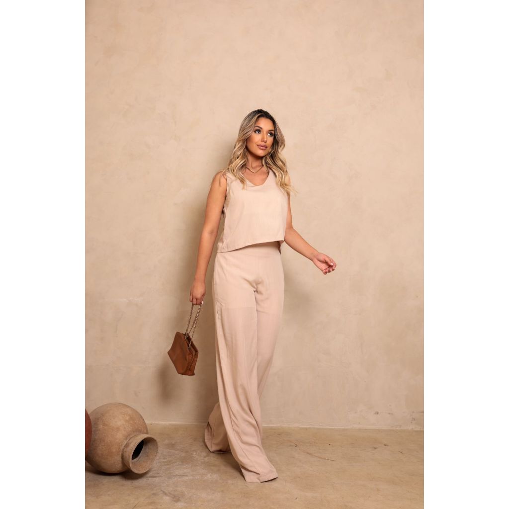 Conjunto Feminino Pantalona Cintura Alta e Regata Lisa Gola V em Viscolinho Premium