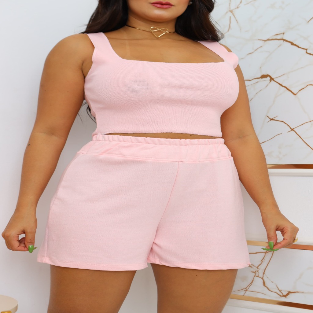 Conjunto Vali Shorts Cintura Alta Blusinha Cropped Linda: Modelagem moderna e elegante