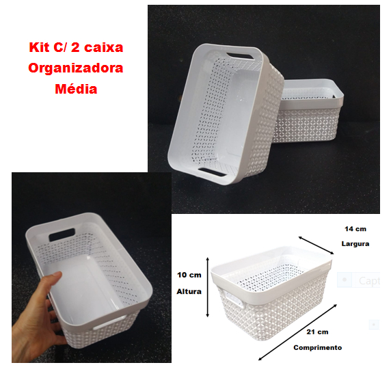 Kit C/2 Caixa Média Organizadora De Plástico Branco Utilidades De Casa Keita Ref:CXOR01M