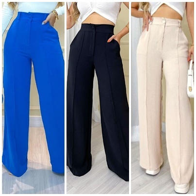 Calça Feminina Pantalona Wide Leg Duna com Botão