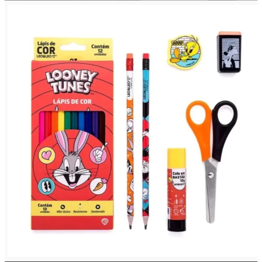 KIT ESCOLAR LOONEY TUNES LAPIS DE COR LAPIS BORRACHA TESOURA APONTADOR COLA BASTÃO LEO E LEO