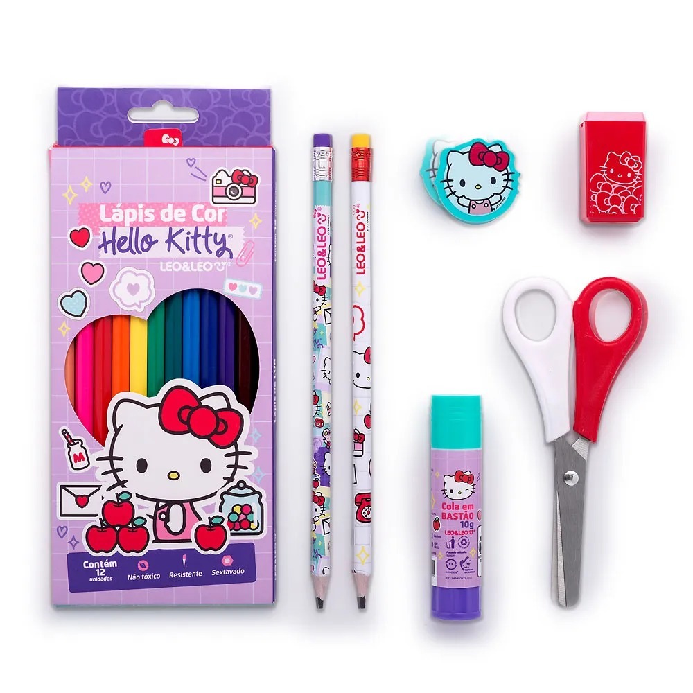 KIT ESCOLAR HELLO KITTY LAPIS DE COR LAPIS BORRACHA TESOURA APONTADOR COLA BASTÃO LEO E LEO