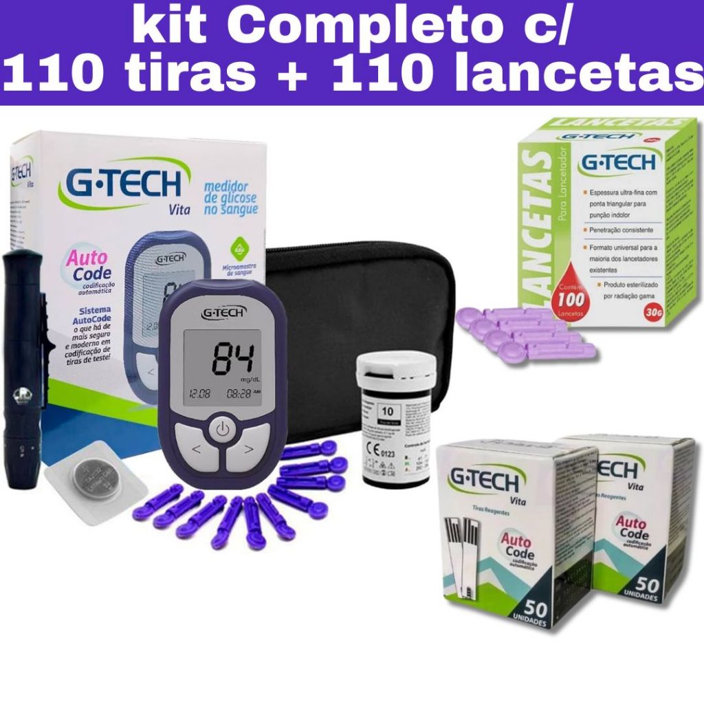 Kit Simples Médio Ou Completo Com Medidor De Glicose G-Tech Vita Tiras E Lancetas