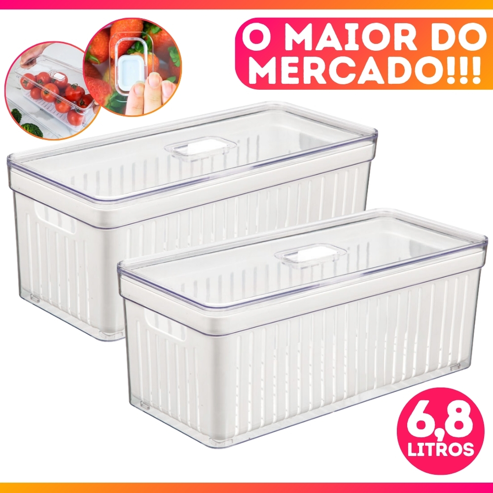 Kit 2 Organizador de Geladeira 6,8 Litros Cesto Com Tampa Multiuso Alimentos Verduras e Vegetais