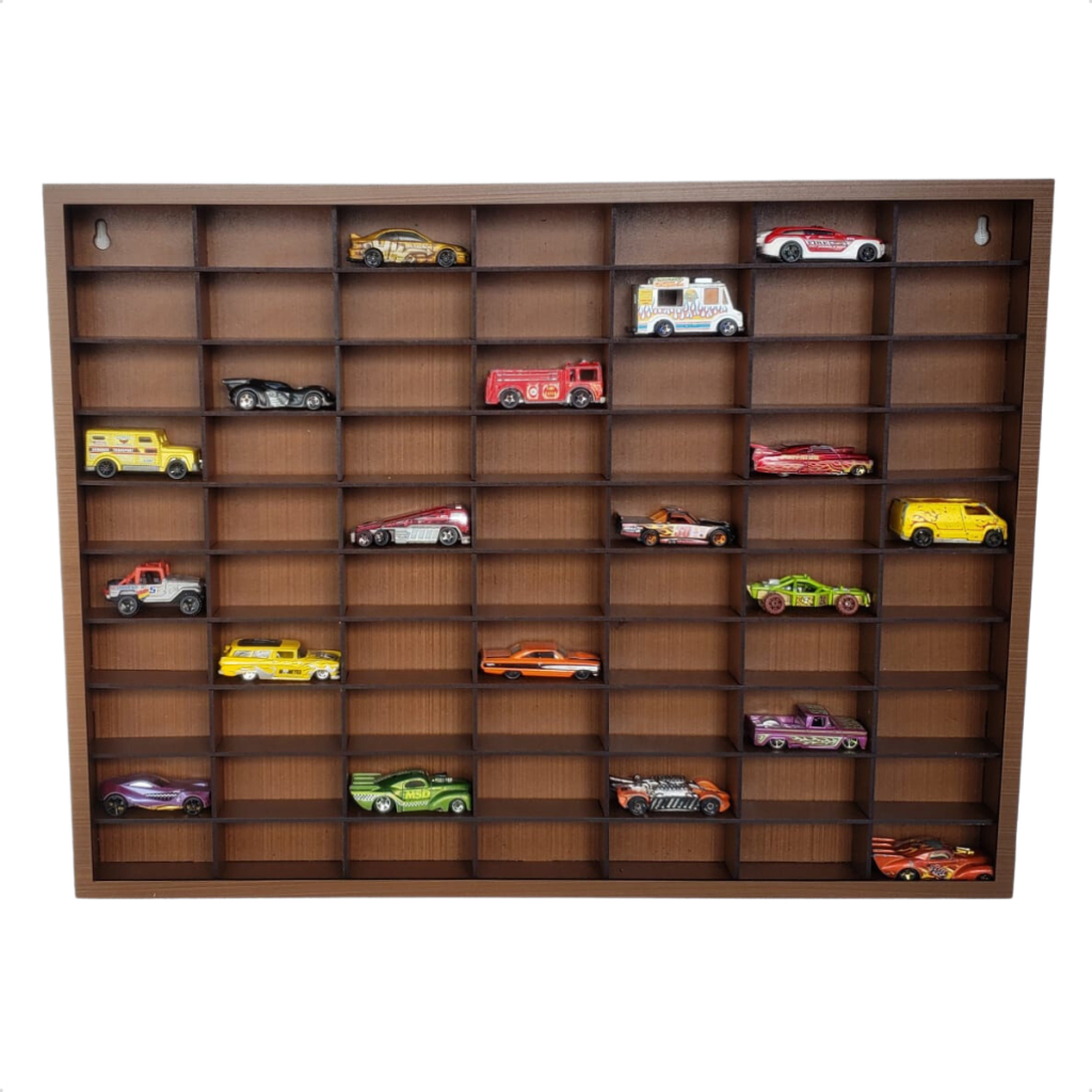 Estante Expositor Porta Carrinhos 70 Divisórias Caramelo 1:64 Coleção Hot Wheels Brinquedo MDF