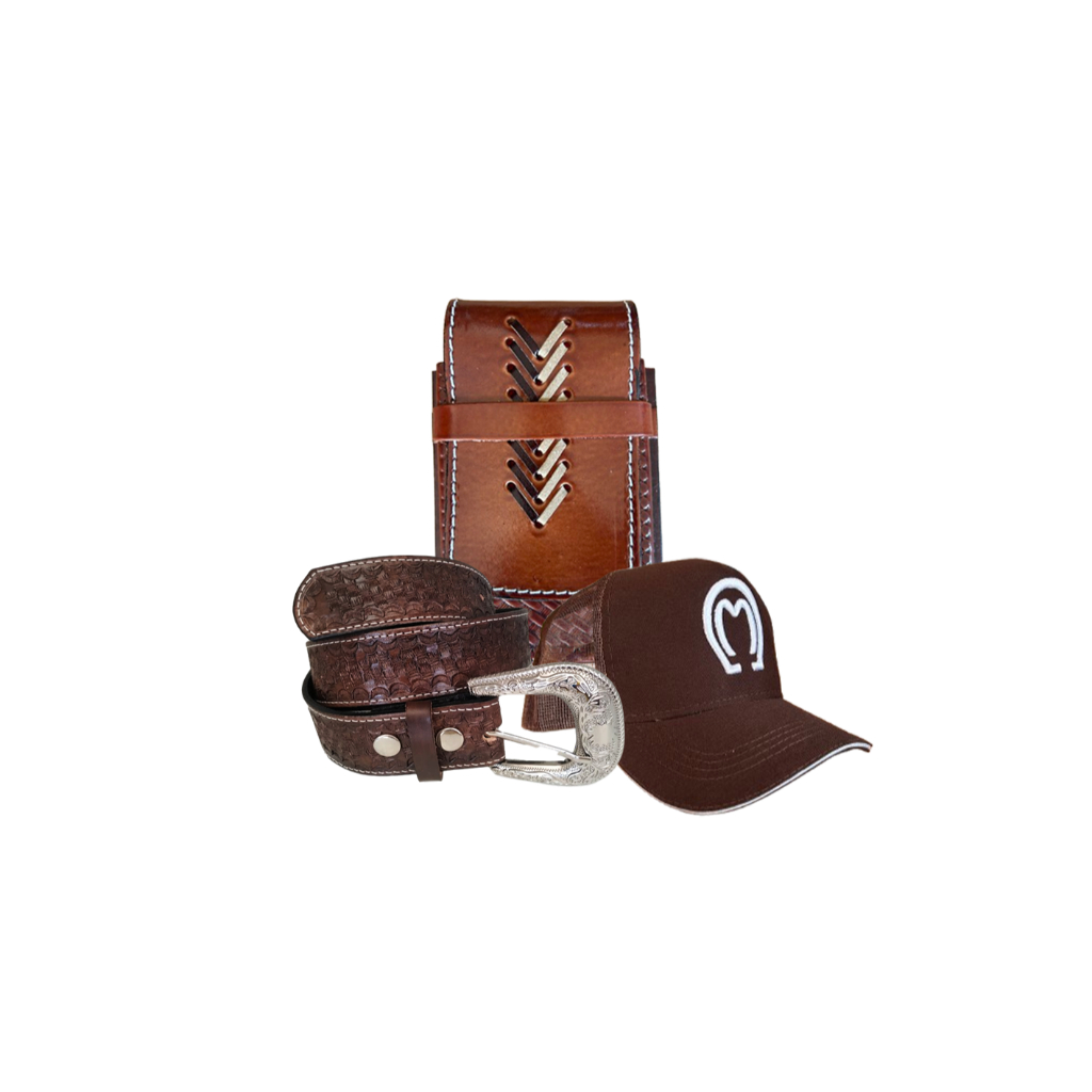 Kit Cowboy Cinto Fivela Ajustável + Capinha Para Celular Country De Couro e Boné MangaLarga