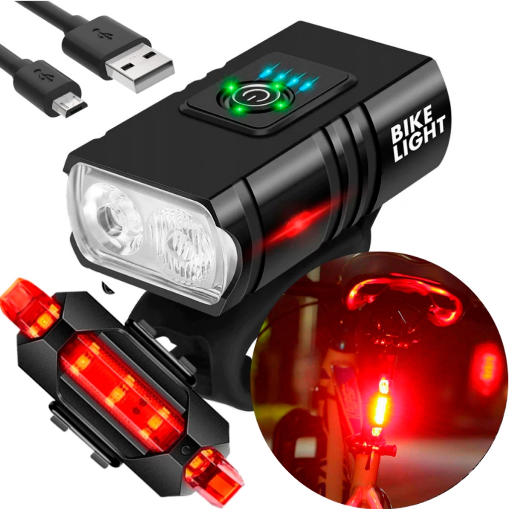 Kit Farol Bike 2 Led Cree T6 Usb Com Medidor + Sinalizador traseiro para bike recarregável em Oferta na Shopee