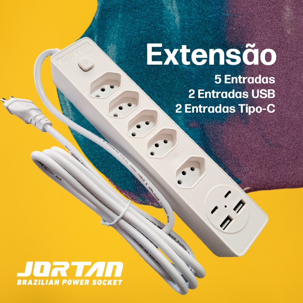 Filtro de linha Extensão 5 Tomadas 2m C/ 2 Entrada Usb 2 Entrada Type C Bivolt Régua Elétrica Tomada