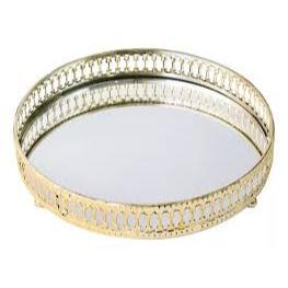 Bandeja de Metal com Espelho Redondo Decorativo metalizado Dourado Penteadeira