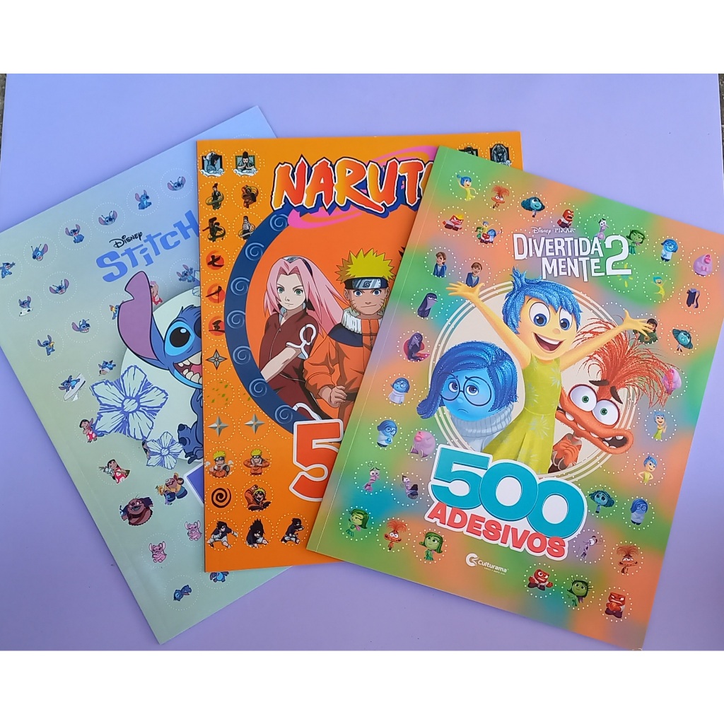 Livro para Colorir com 500 adesivos - Divertidamente, Naruto, Stitch - Escolha seu personagem favorito!