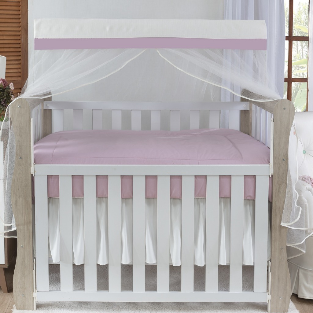 CORTINADO (MOSQUITEIRO) PARA BERÇO PIQUE PALHA COM BARRADO LISO ROSÊ - TULE PALHA