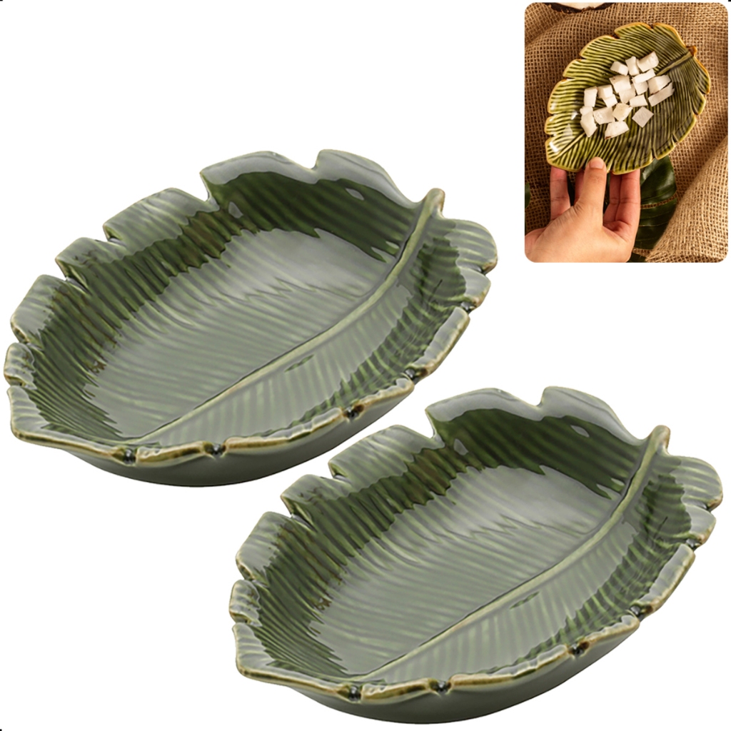 Jogo 2 Pratos Folhas Cerâmica Decorativo Banana Leaf Petisqueira 16cm