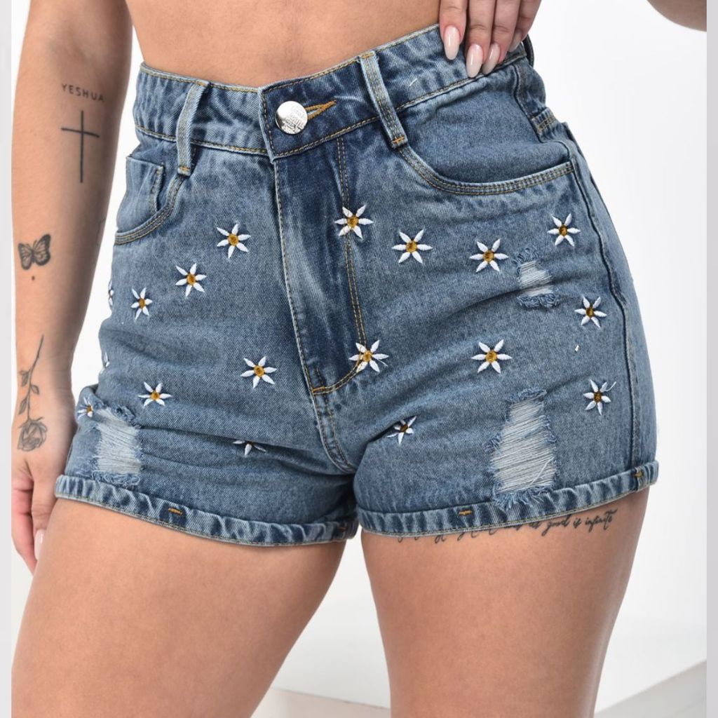 SHORT JEANS CINTURA ALTA BORDADO LINHA PREMIUM - CAMAROTE JEANS em Oferta na Shopee