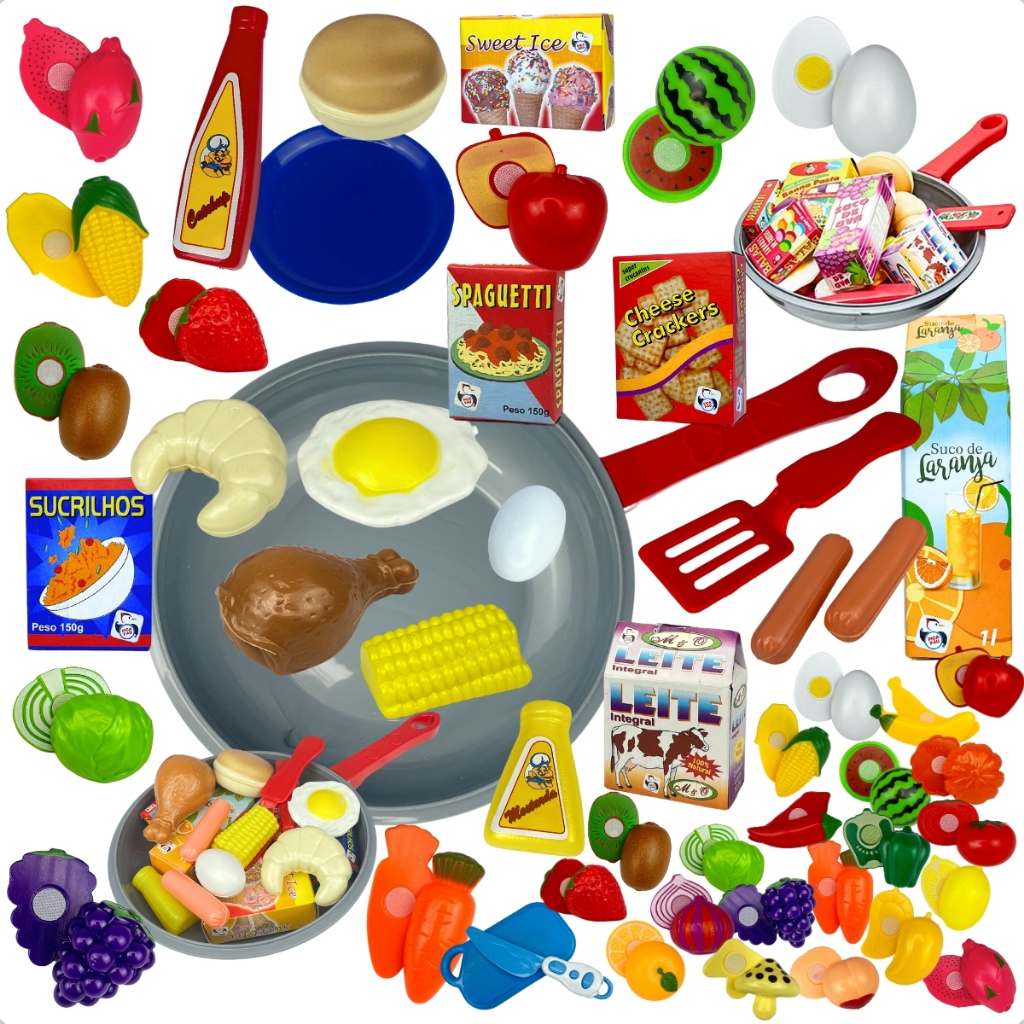 Kit De Comidinhas E Frigideira Infantil De Brinquedo + Frutas De Cortar Infantil peças Comidinhas