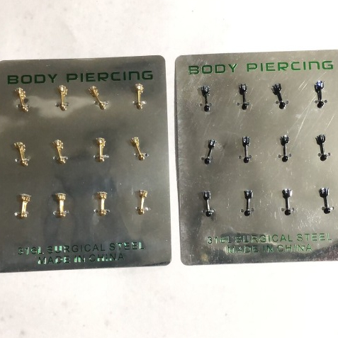Piercing Tragus Com Brilho Pedrinha de Zirconia 6mm Aço Inox Dourado e Preto Cartela 12 Unidades