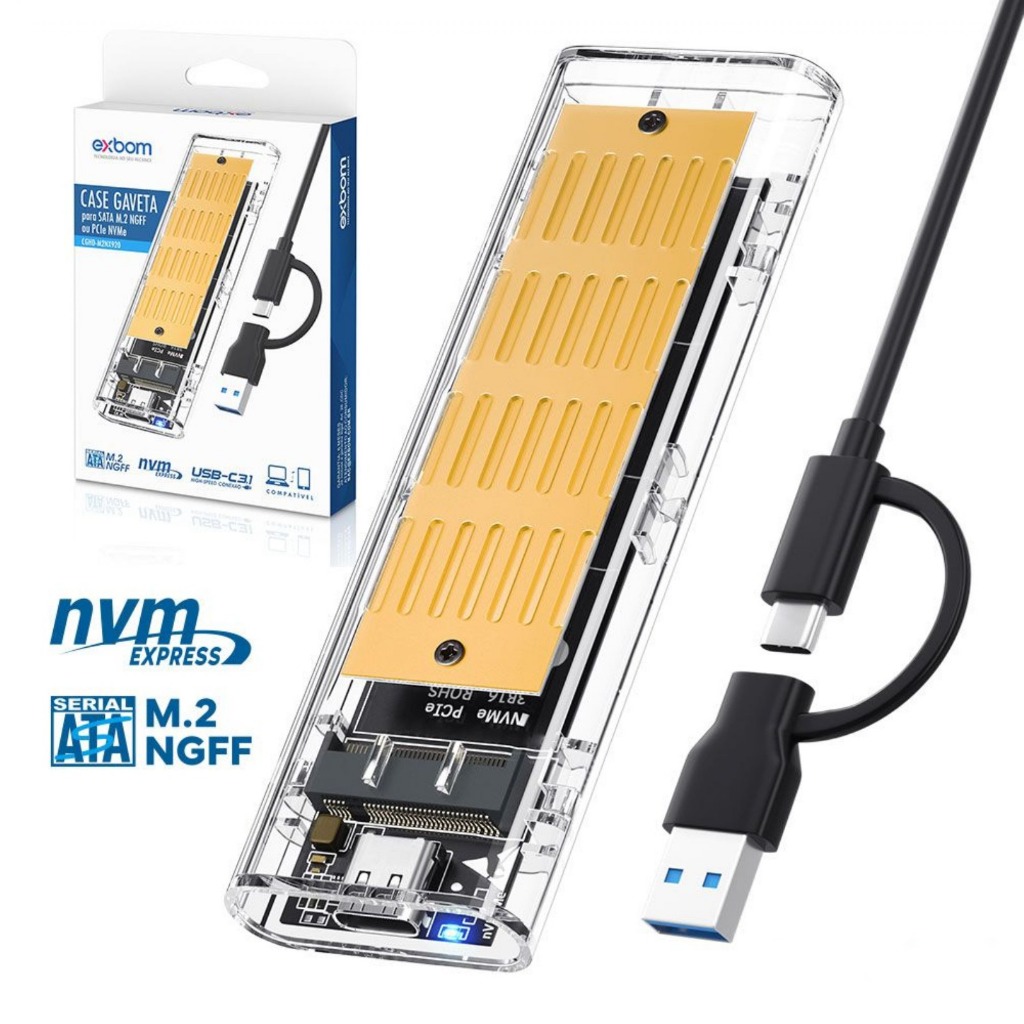 Mini Case Transparente Para SSD M.2 NVME e NFGG Com Cabo Duplo PC Ou Android CGHD-M2NX920 EXBOM