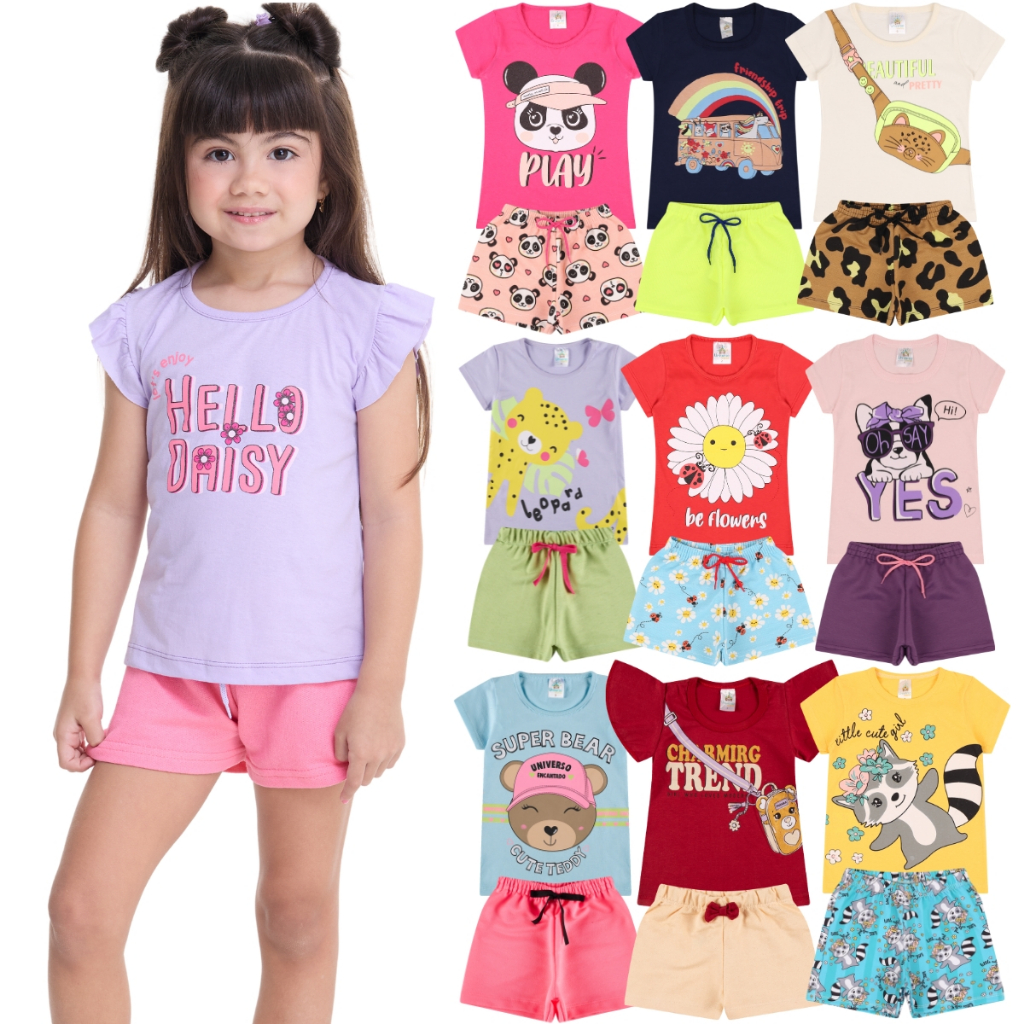 Kit Sortido 8 Peças de Roupas Infantil Menina - 4 Camisetas + 4 Bermudas - 4 Conjuntos de Roupa Infantil Verão Feminino