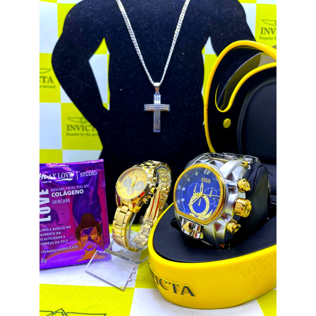 Kit Casal 1 Zeus Magnum Masculino e 1 Relógio Quartz Feminino mais Corrente com Pingente mais Mascara Facial