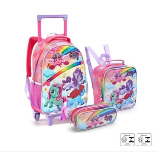 Kit Mochila Little Poney 3pçs Lancheira Térmica  Estojo mochila Roda Gel Infantil Escolar Volta as Aulas
