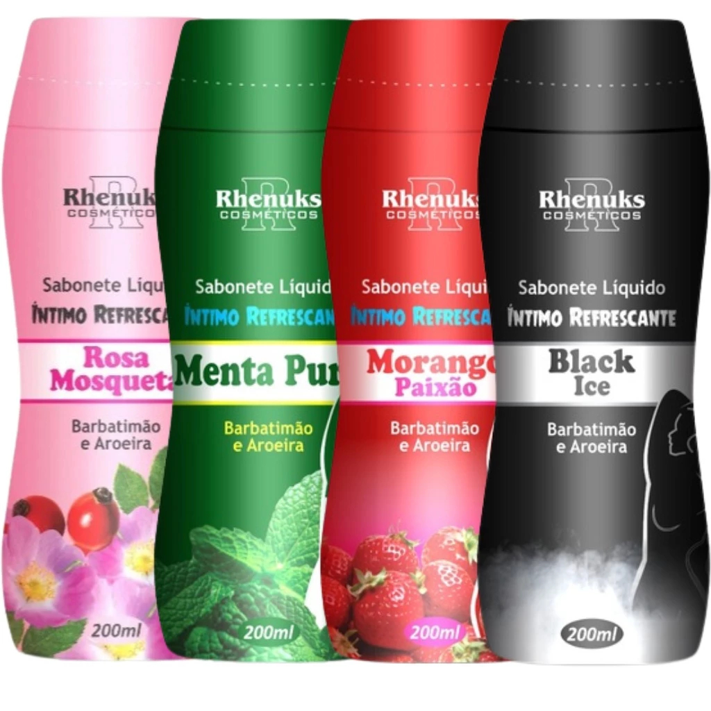 Kit 4 Sabonete Íntimo Refrescante Rosa Mosqueta + Menta Pura + Morango Paixão + Black Ice 200ml em Oferta na Shopee