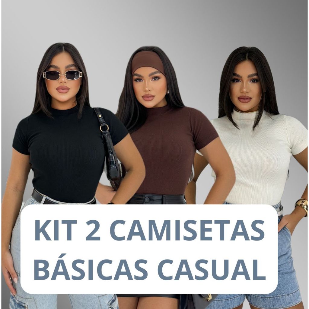 KIT 2 Blusa Básica Ribana Canelado Premium Casual Moda Gringa Basico Camiseta T-Shirt em Oferta na Shopee