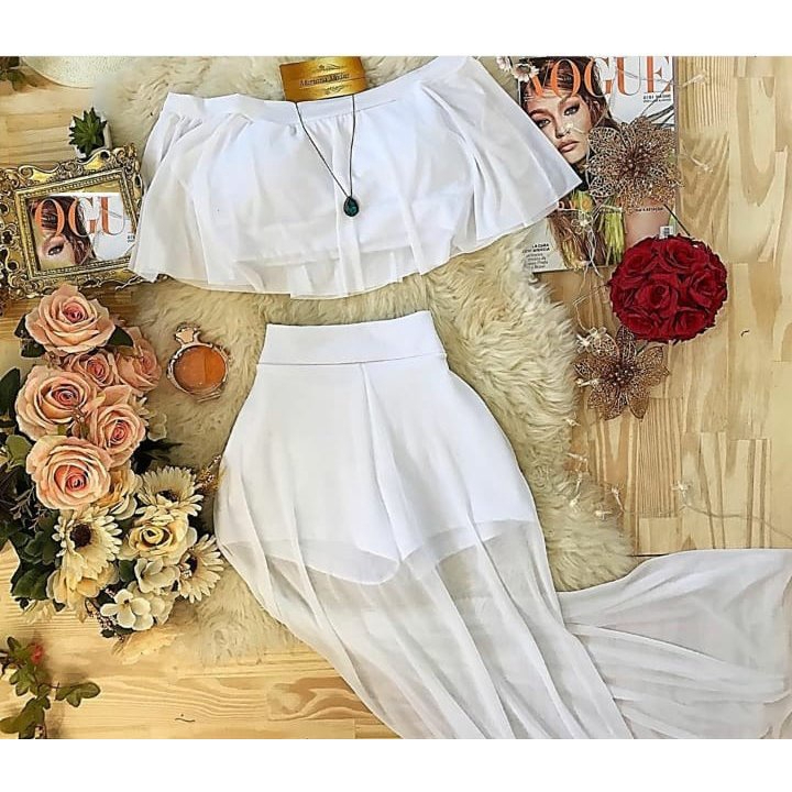 Conjunto Feminino Short Saia + Crooped Tule