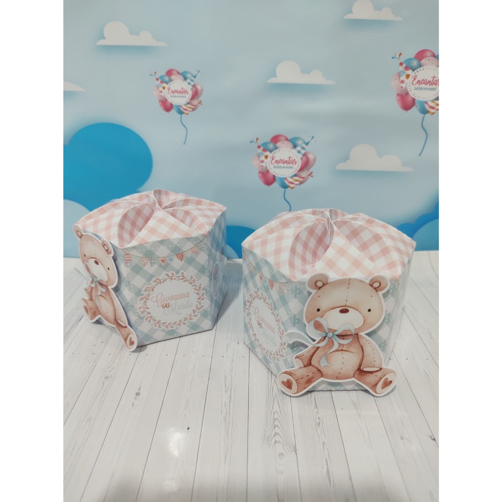 10 Caixas Sextavada Aplique 3D Personalizado - Chá Revelação Ursinhos Aquarelados Azul e Rosa