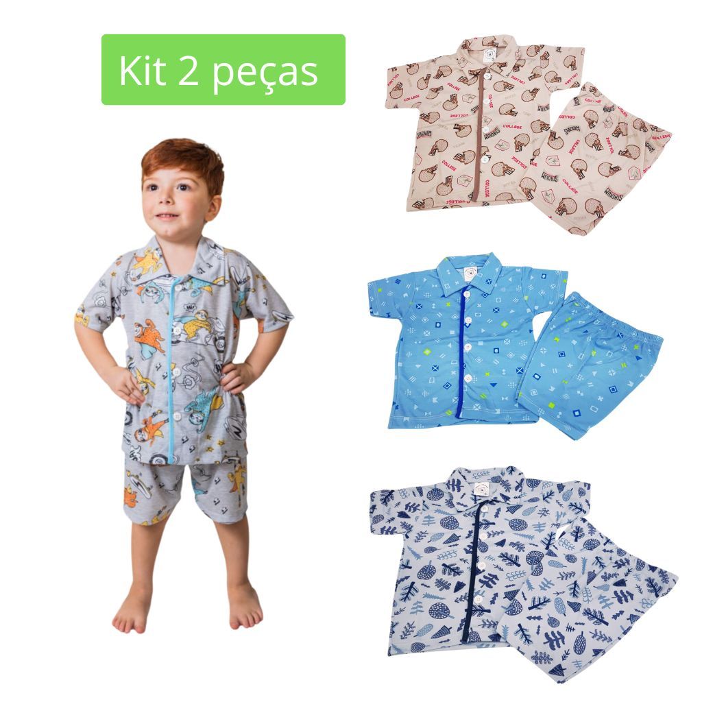 Conjunto Infantil Pijama  Americano Camiseta e Shorts Estampado 100% Algodão Menino