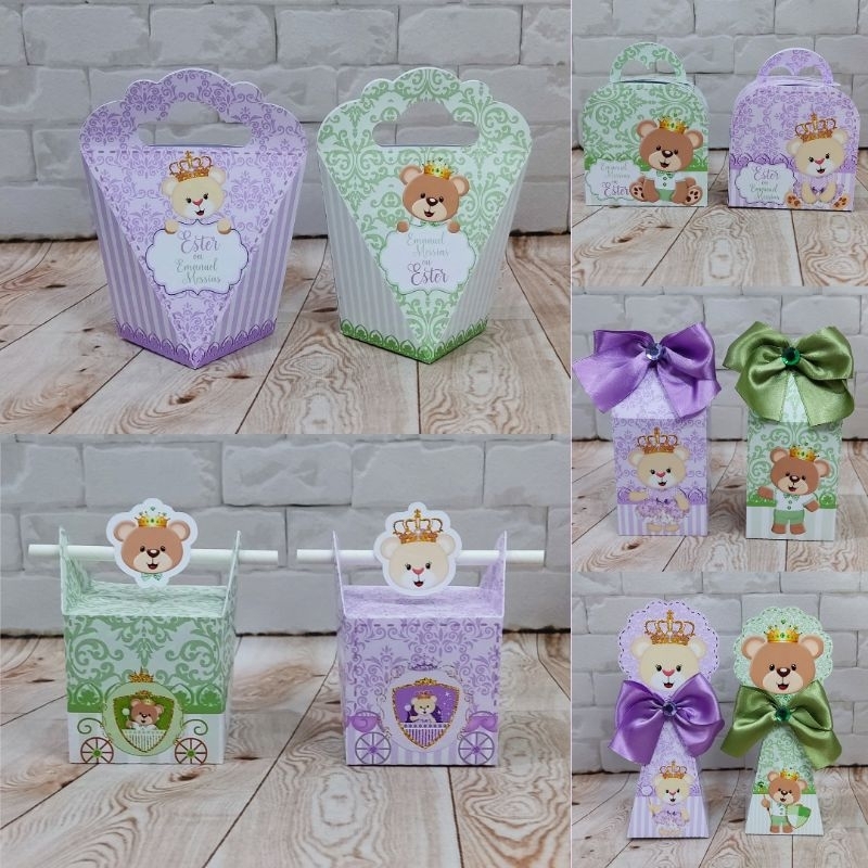 Kit Personalizados caixinhas CHÁ REVELAÇÃO URSINHO REALEZA LILÁS E VERDE chá de bebê -chá revelação PEGUE E MONTE