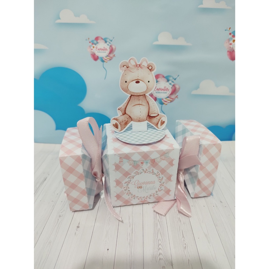 10 Caixas Bala aplique 3D Personalizada - Chá Revelação Ursinhos Aquarelados Azul e Rosa