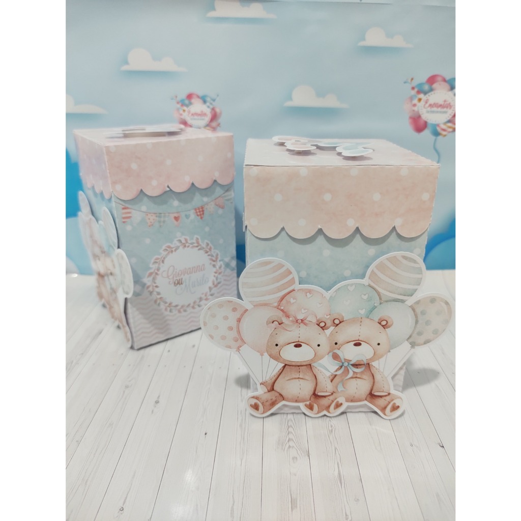 10 Caixas Retangulares com tampa Aplique 3D Personalizada - Chá Revelação Ursinhos Aquarelados Rosa e Azul