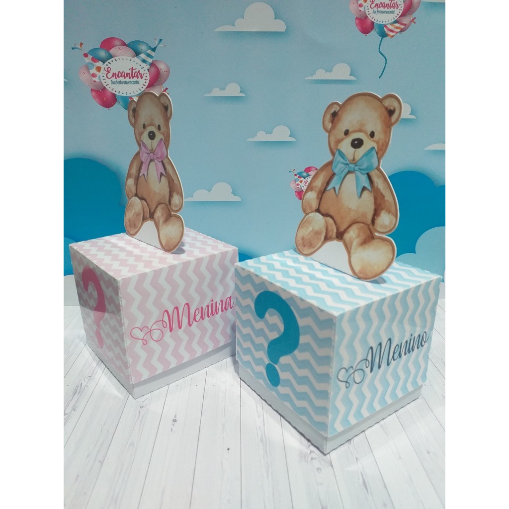 10 Caixas Cubo Aplique 3D Personalizada - Chá Revelação Ursinhos Rosa e Azul