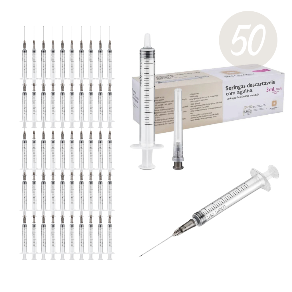 Seringa 3ml Luer Slip + Agulha 25x7 - Caixa C/ 50 Unidades em Oferta na Shopee
