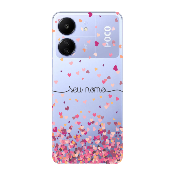 Capinha para Xiaomi Poco C65 Anti Impacto Personalizada - Chuva de corações rosa com nome em Oferta na Shopee